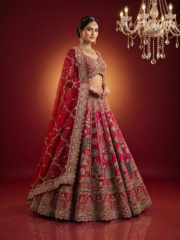 designer red lehenga with heavy zardozi embroidery in silk
