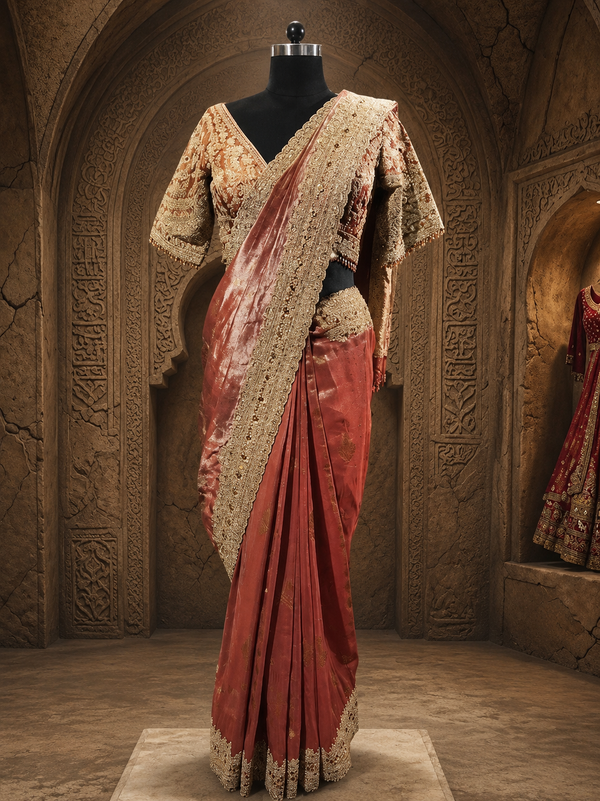 Full-length back profile of the draped rust saree, highlighting its fluid pleats, metallic sheen, and elegant pallu fall.