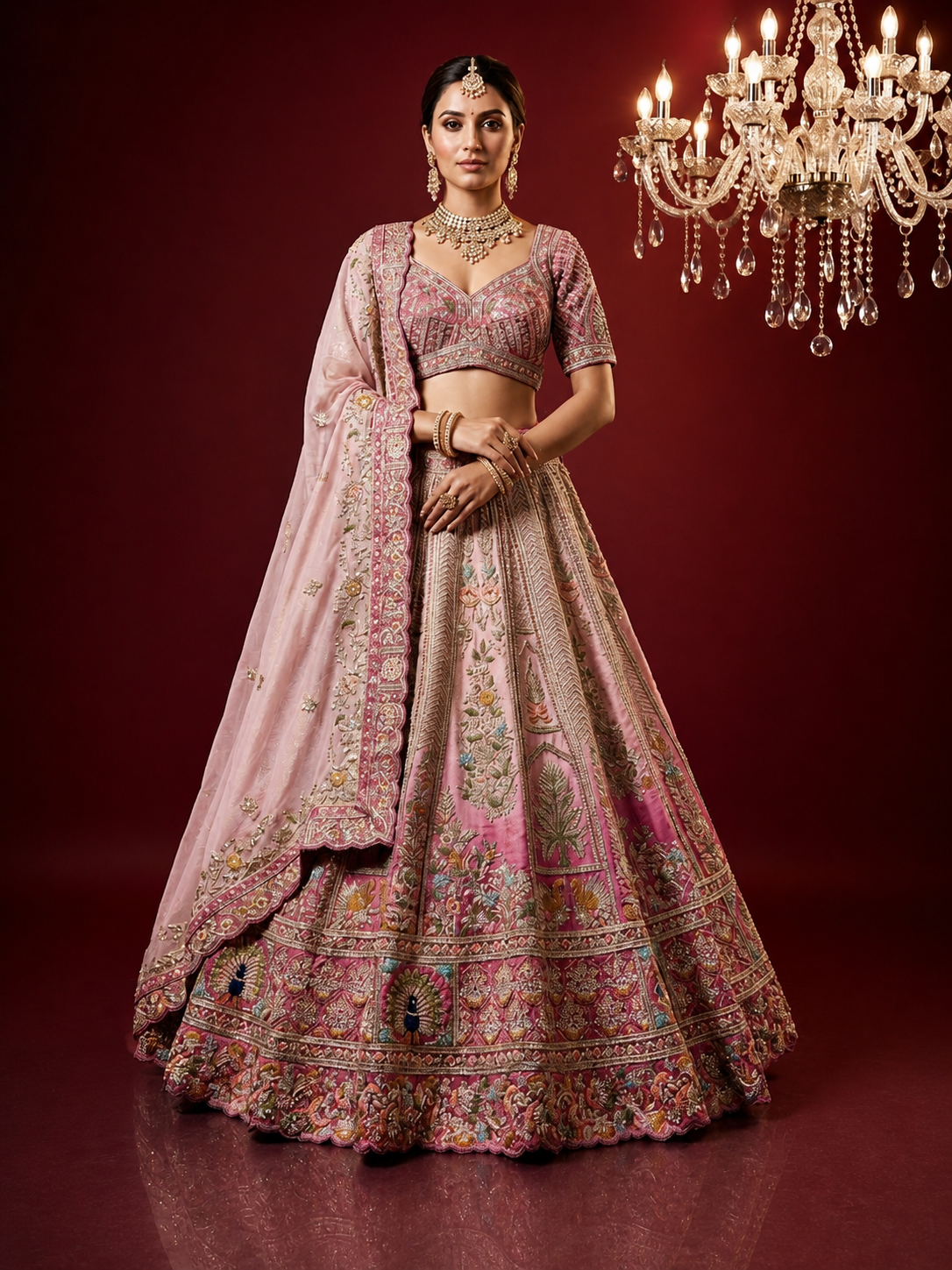 Front view of a bride wearing a dusty rose color lehenga with ombre pink shades and heavy pearl embroidery.
