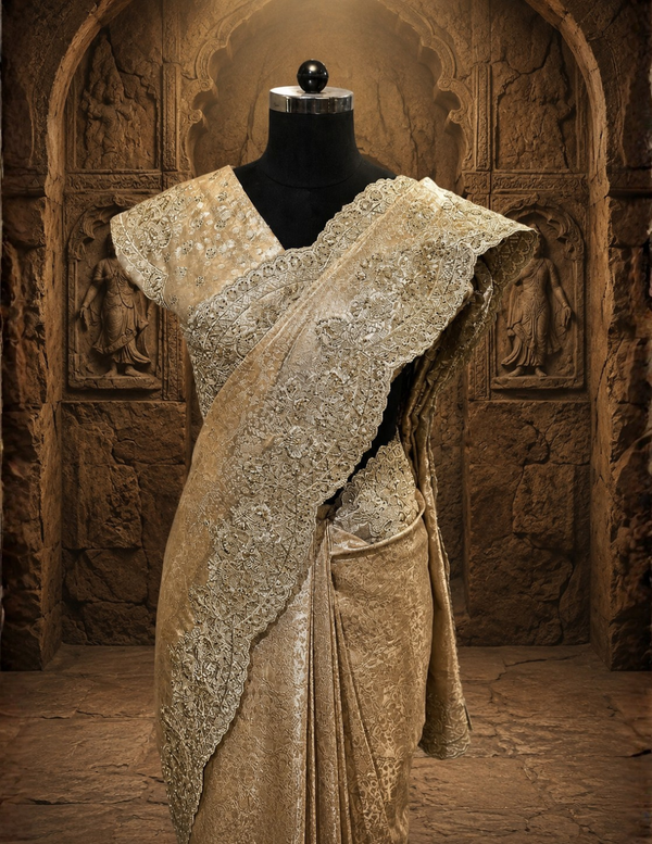 Portrait shot showcasing the matching golden blouse, featuring dense stone embellishments and heavy zari work along the sleeves and neckline.