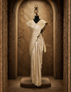 Full-length front view of a model elegantly draping a shimmering golden silk saree with intricate floral zari borders under a crystal chandelier.