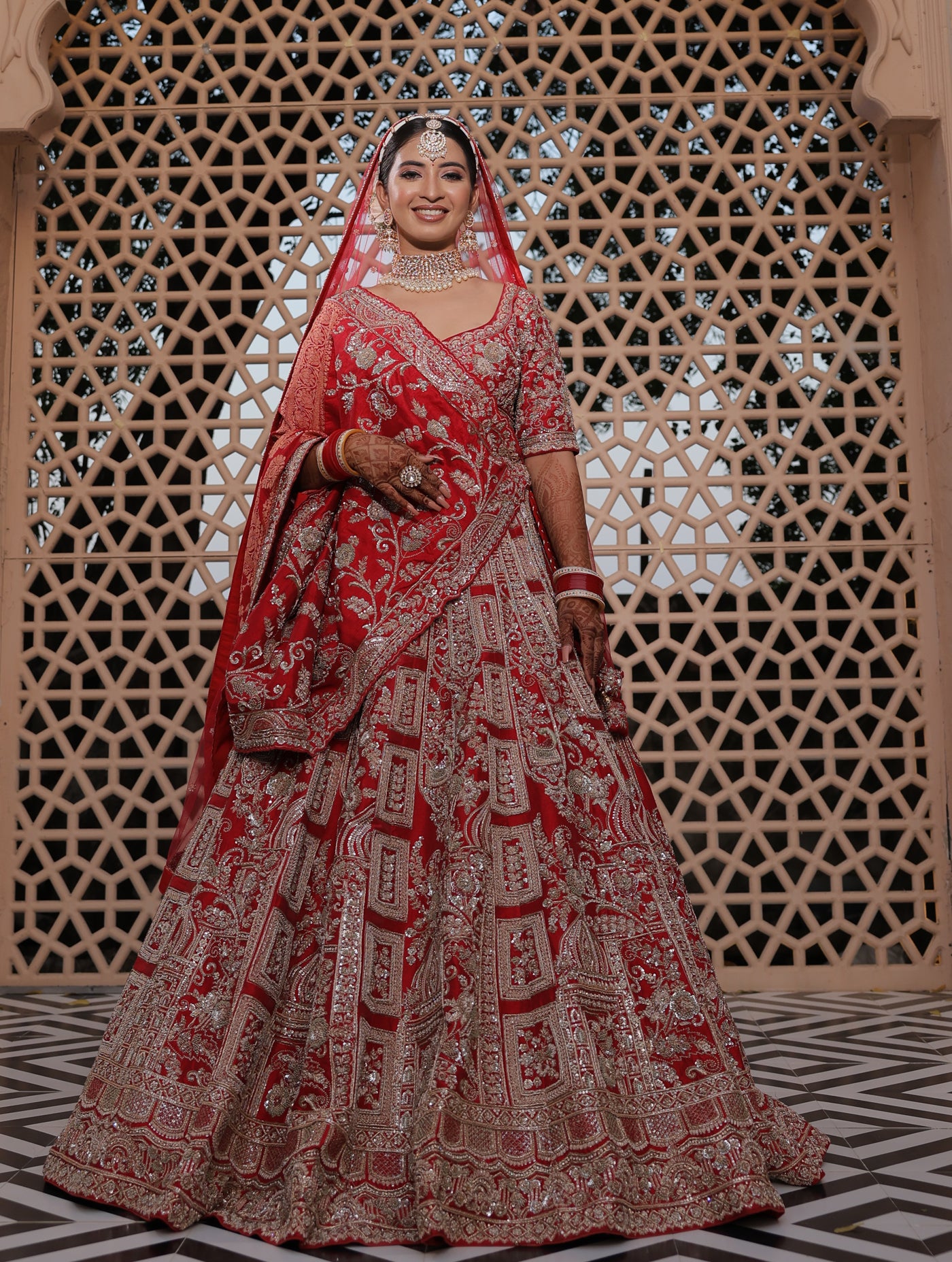 SCARLET RED RAW SILK LEHENGA WITH BANDHEJ DUPATTA