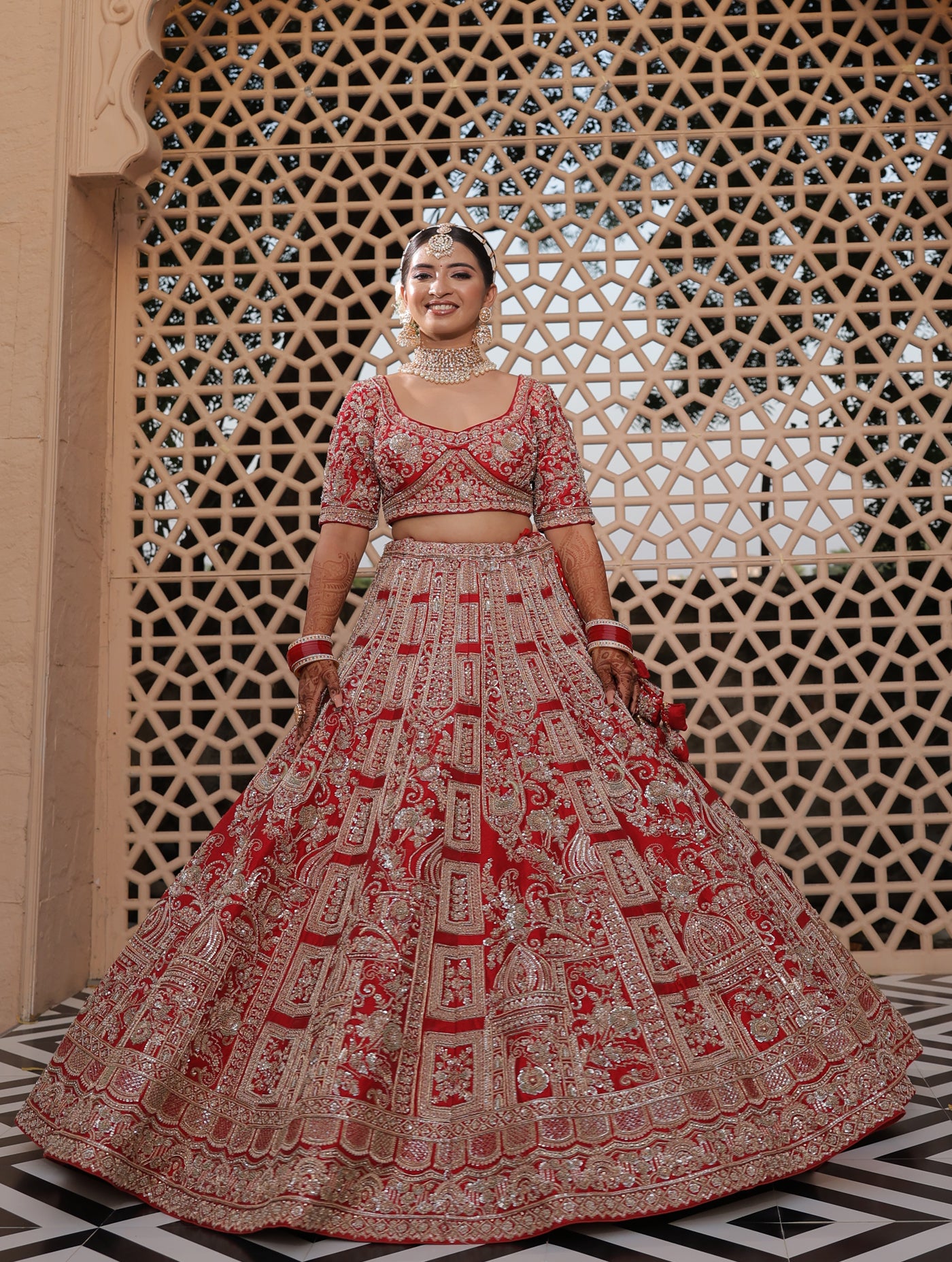 SCARLET RED RAW SILK LEHENGA WITH BANDHEJ DUPATTA