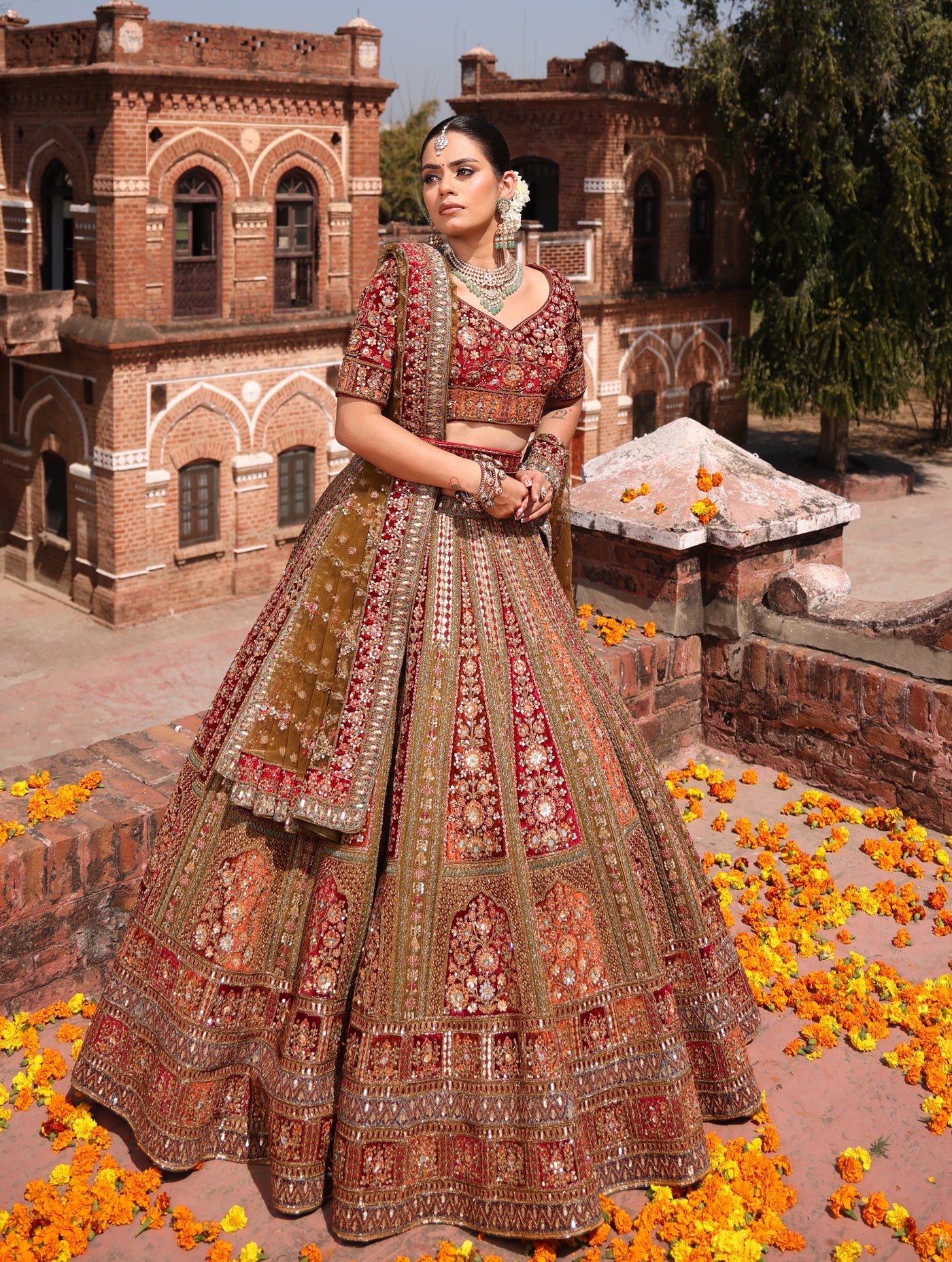 OLIVE GREEN RAW SILK WITH VELVET INFUSED LEHENGA