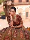 OLIVE GREEN RAW SILK WITH VELVET INFUSED LEHENGA
