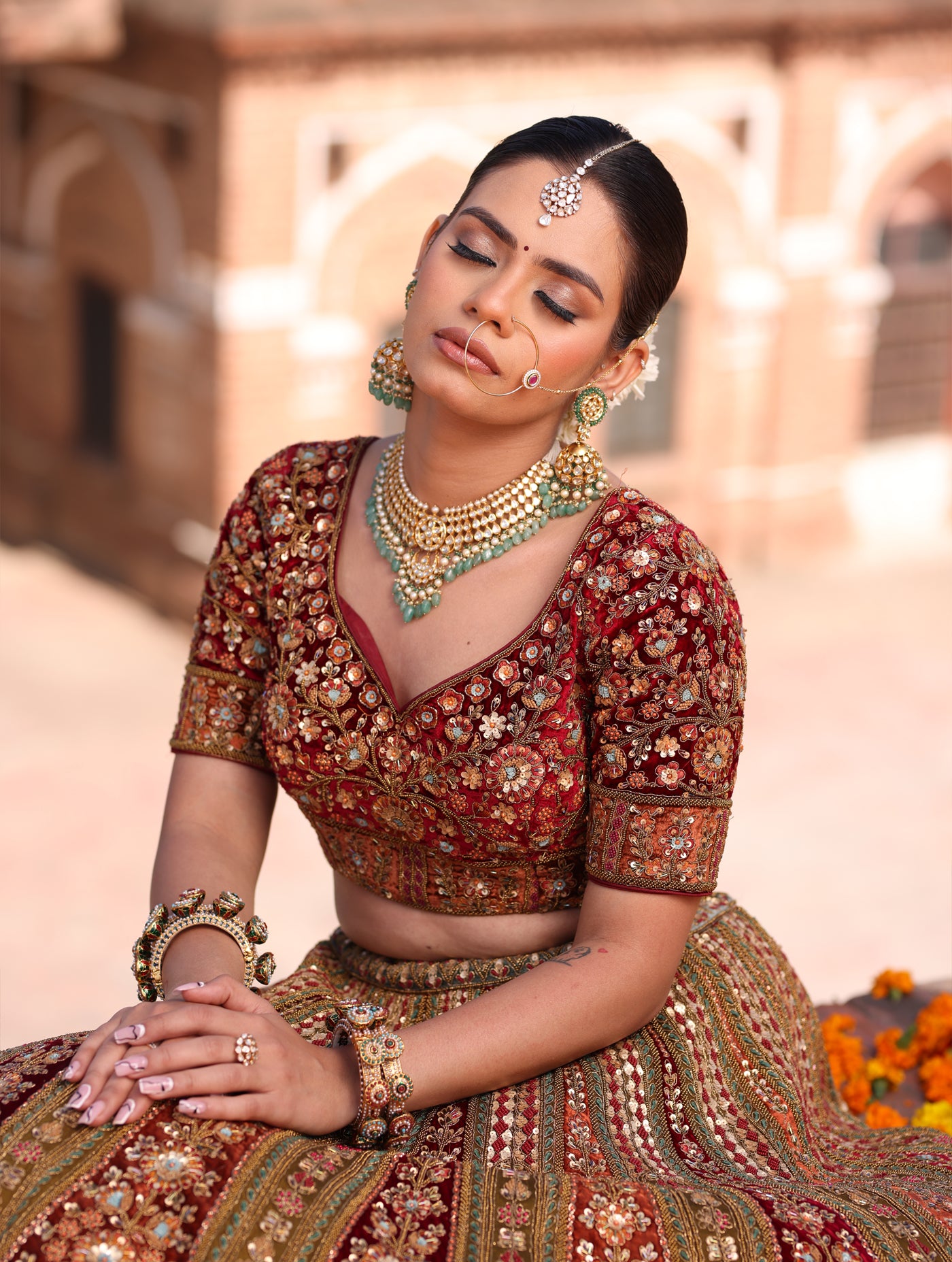 OLIVE GREEN RAW SILK WITH VELVET INFUSED LEHENGA