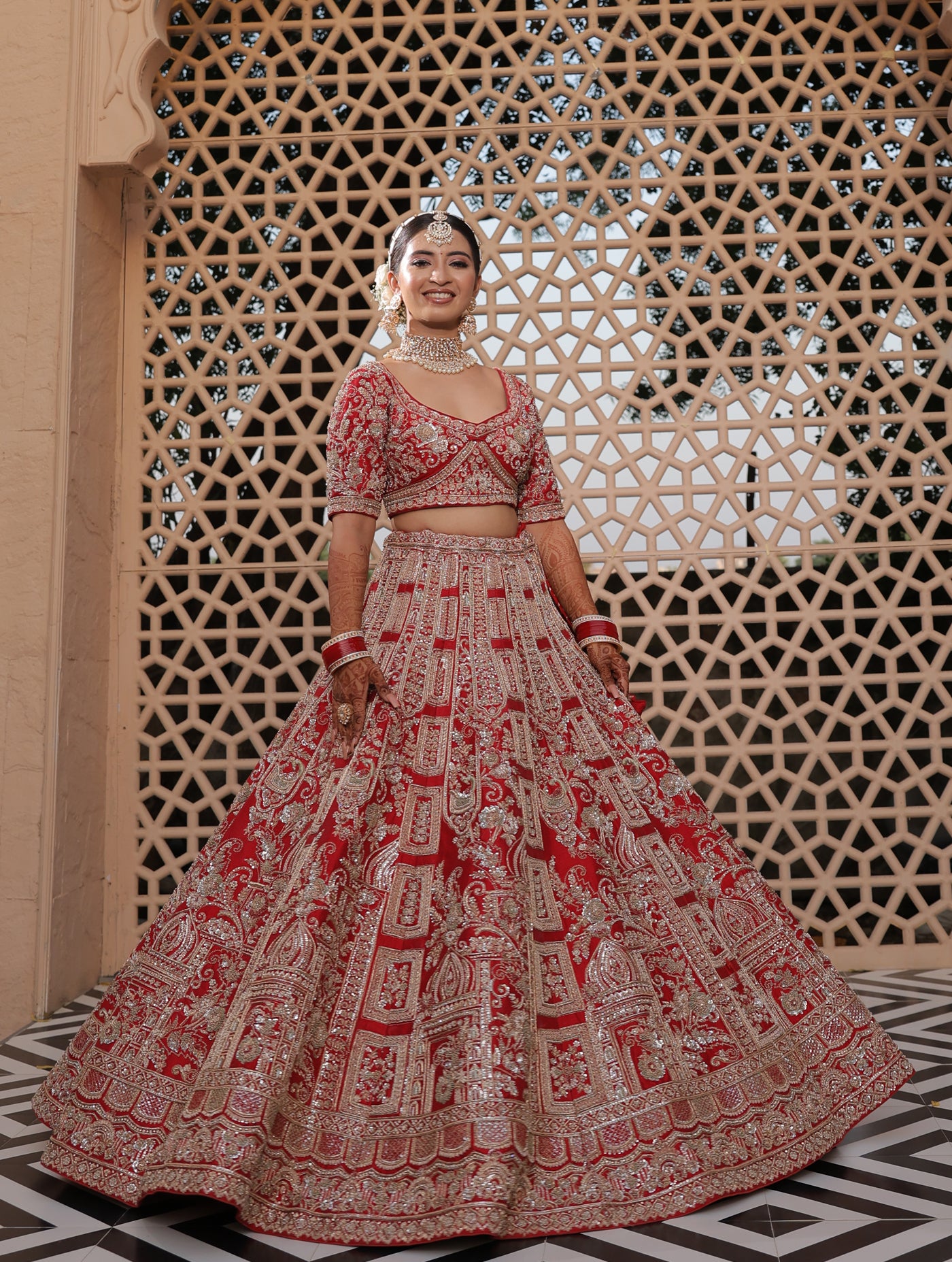 SCARLET RED RAW SILK LEHENGA WITH BANDHEJ DUPATTA