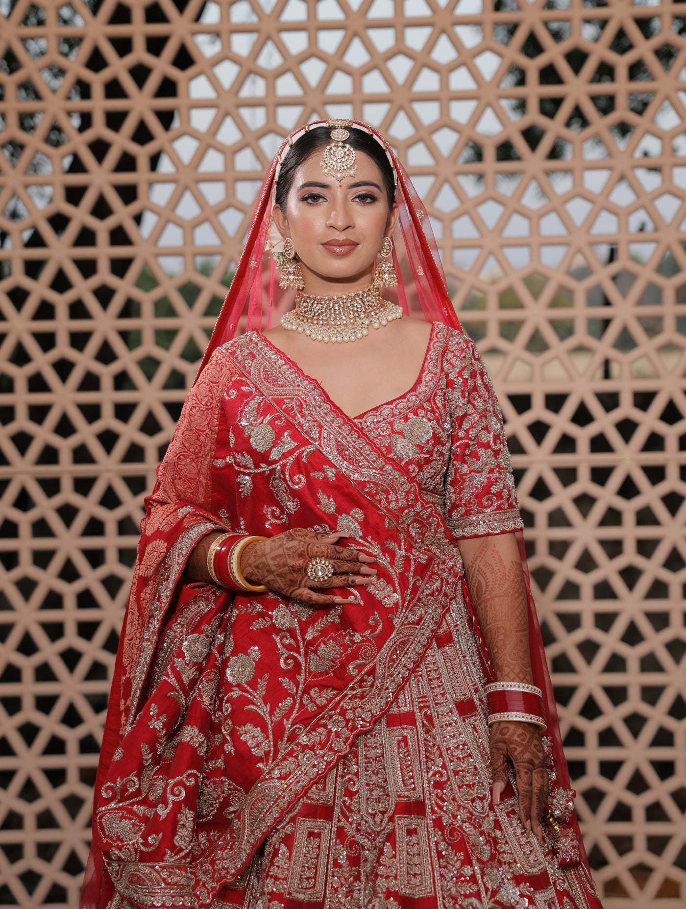 SCARLET RED RAW SILK LEHENGA WITH BANDHEJ DUPATTA