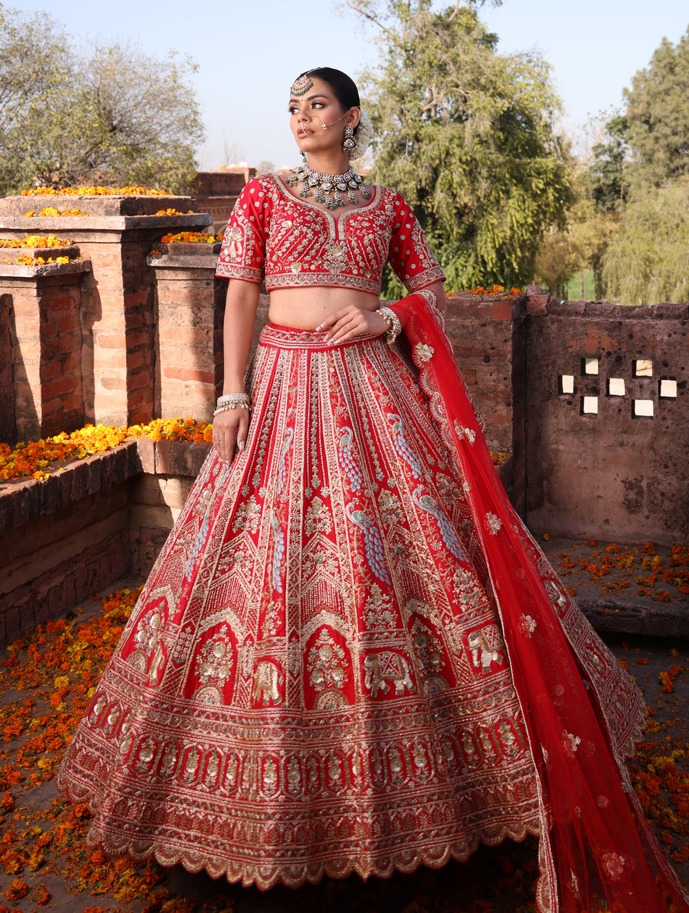 SCARLET RED RAW SILK  LEHENGA