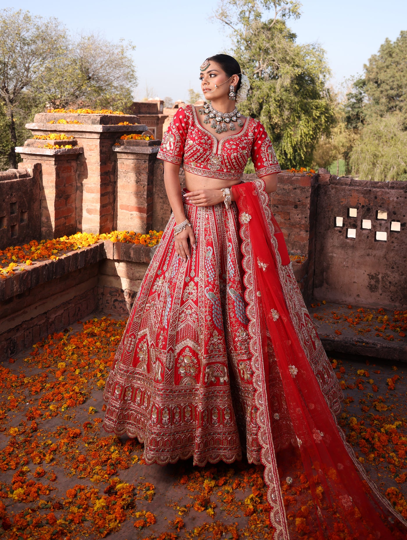 SCARLET RED RAW SILK  LEHENGA