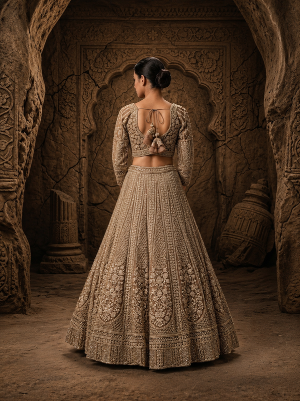 Portrait view of the model showcasing the matching lavender choli with a wide square-round neckline decorated in dense hand-cut bead borders.
