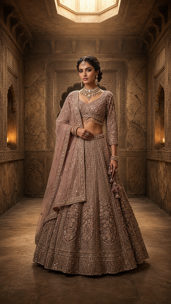 Full-length front view of a model in a voluminous lavender net lehenga with vertical cut bead embroidery under a crystal chandelier.