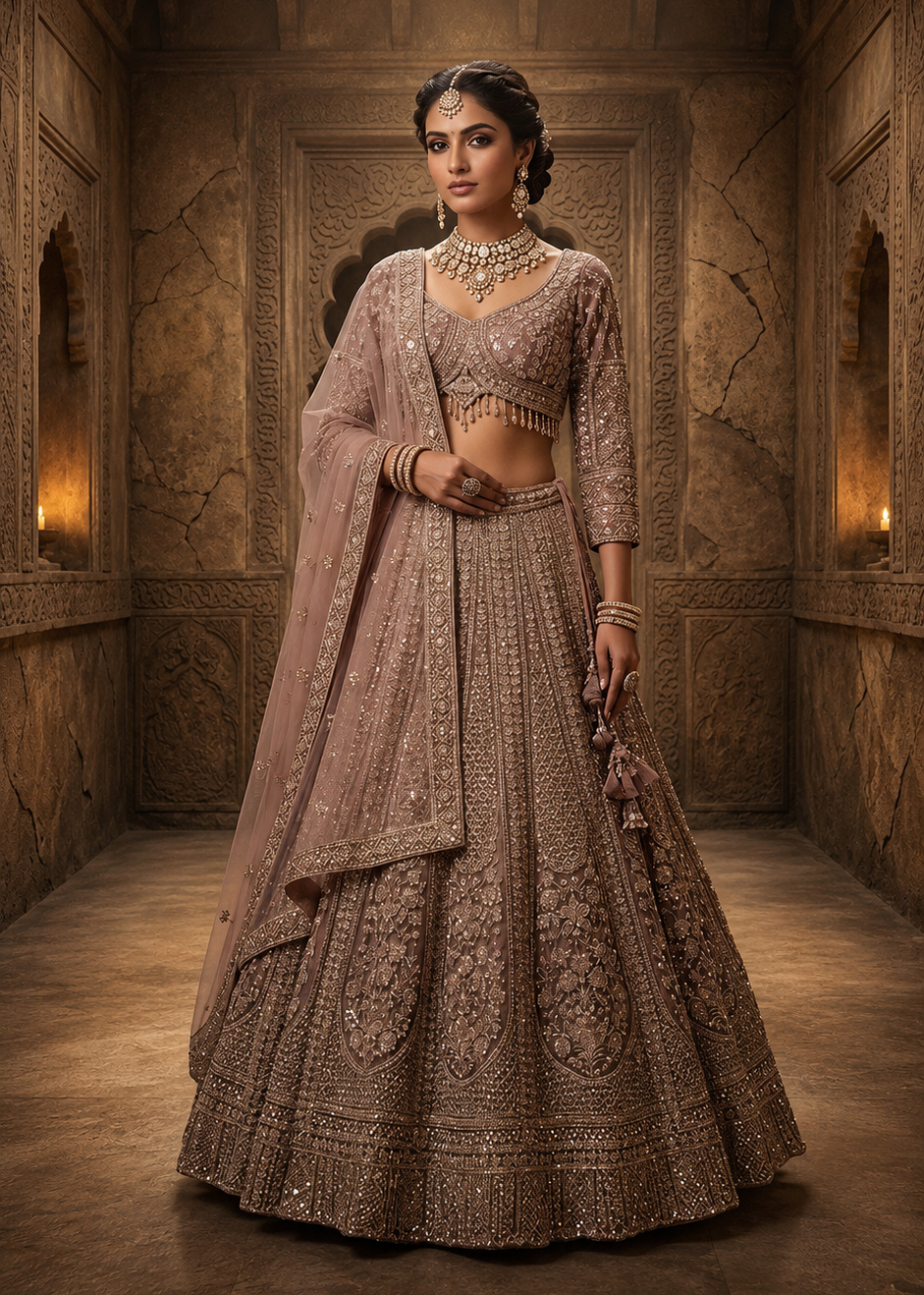 Full-length front view of a model in a voluminous lavender net lehenga with vertical cut bead embroidery under a crystal chandelier.