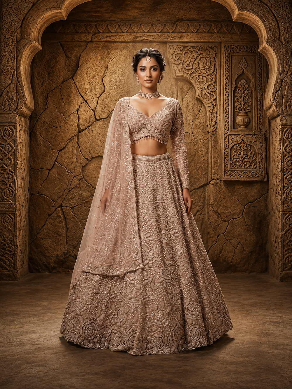 Portrait shot of the model highlighting the matching mauve choli with a broad neckline encrusted in high-shine beadwork borders.