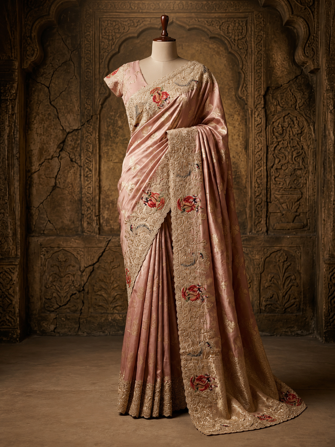 Full-length front view of a model showcasing a fluid, shimmering mauve tissue silk saree with a heavily embroidered scalloped border under a crystal chandelier.