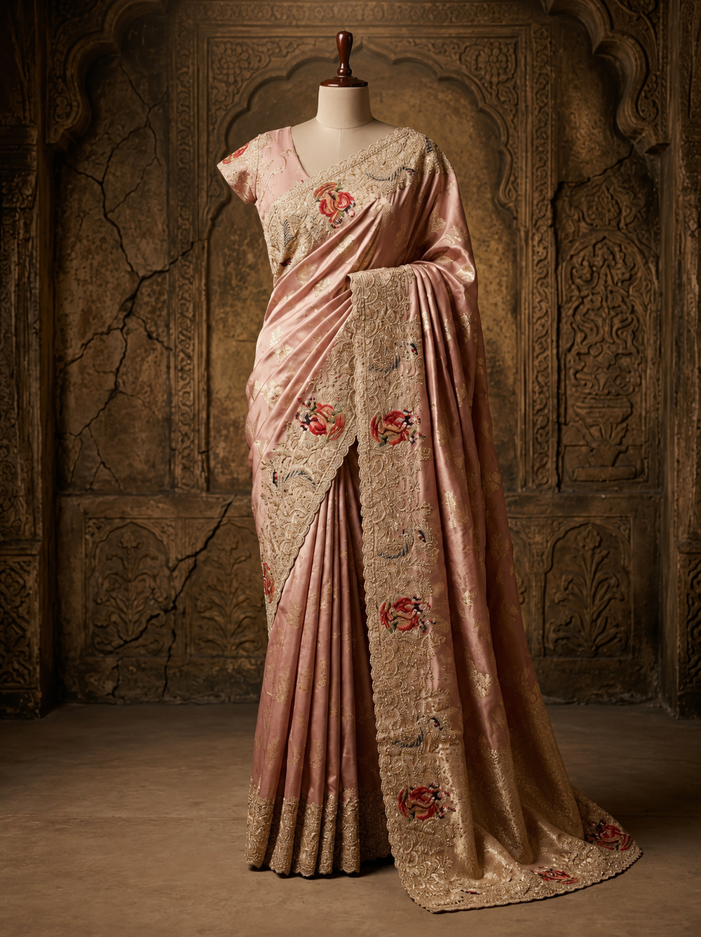 Full-length front view of a model showcasing a fluid, shimmering mauve tissue silk saree with a heavily embroidered scalloped border under a crystal chandelier.