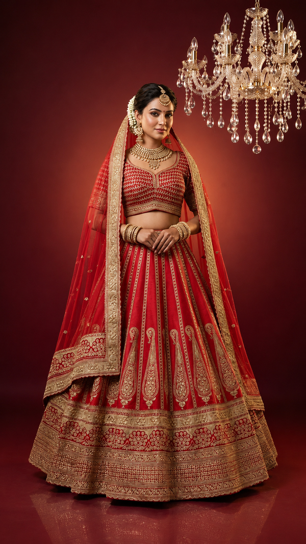 Full-length view of a pure red bridal lehenga in silk with heavy Neem Zari embroidery.