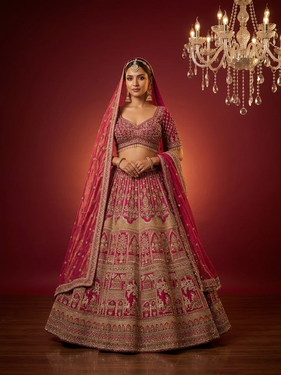 red colour lehenga in silk with heavy hand embroidery
