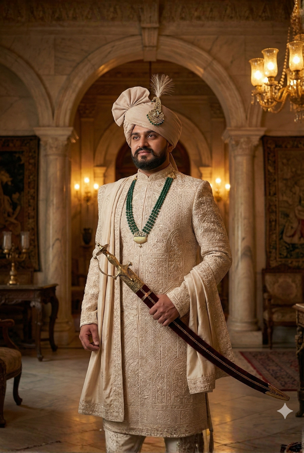 Royal rose gold wedding sherwani with handcrafted embroidery for groom
