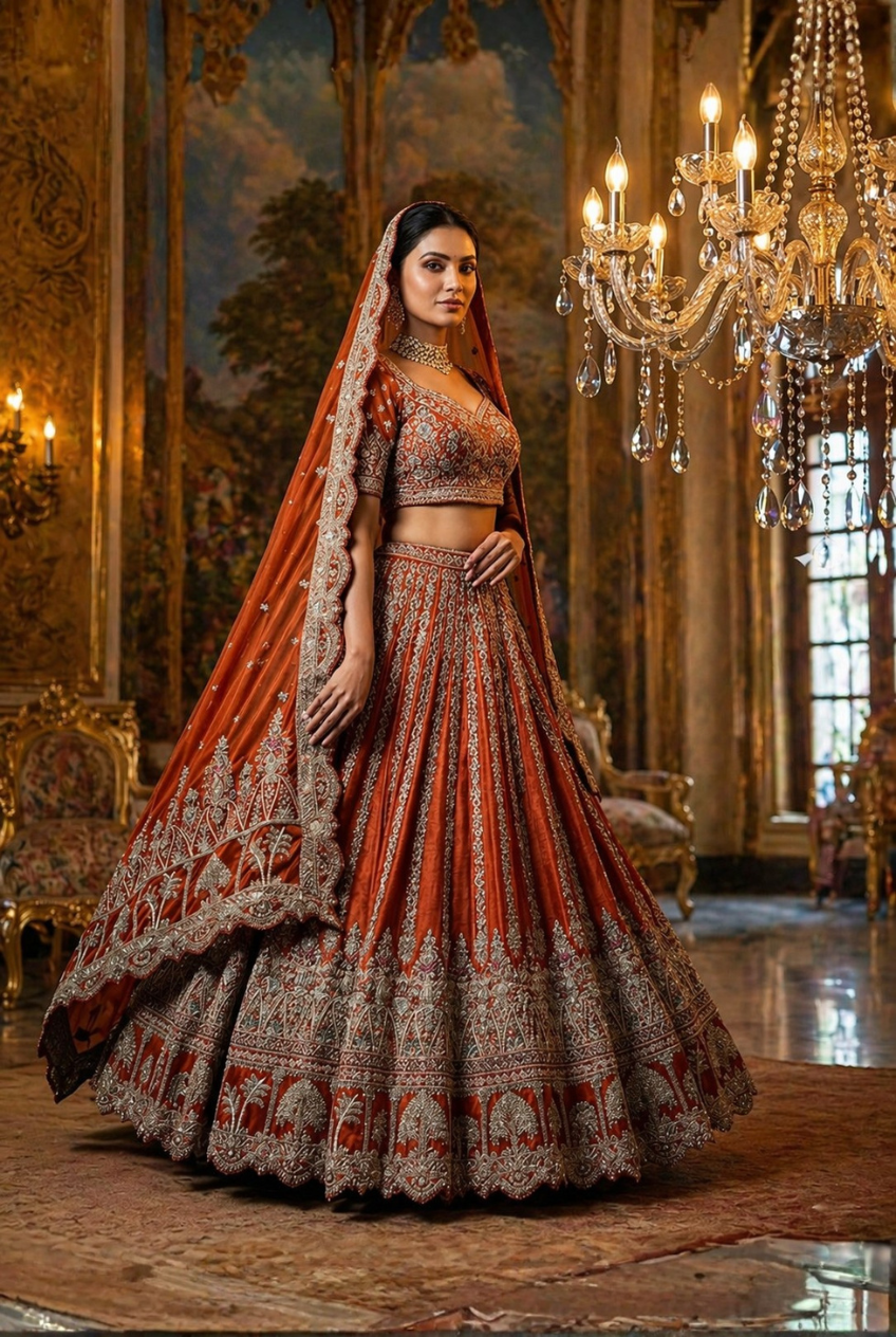 Designer rust wedding lehenga with sequins and stone work for bride
