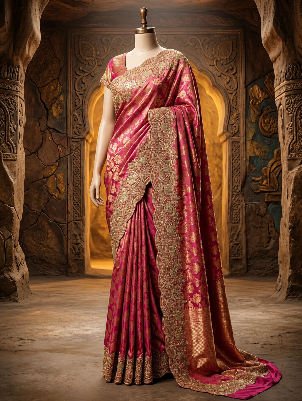 Full-length front view of a model elegantly styling a shimmering rani pink tissue silk saree with a heavily embellished scalloped border under a crystal chandelier.