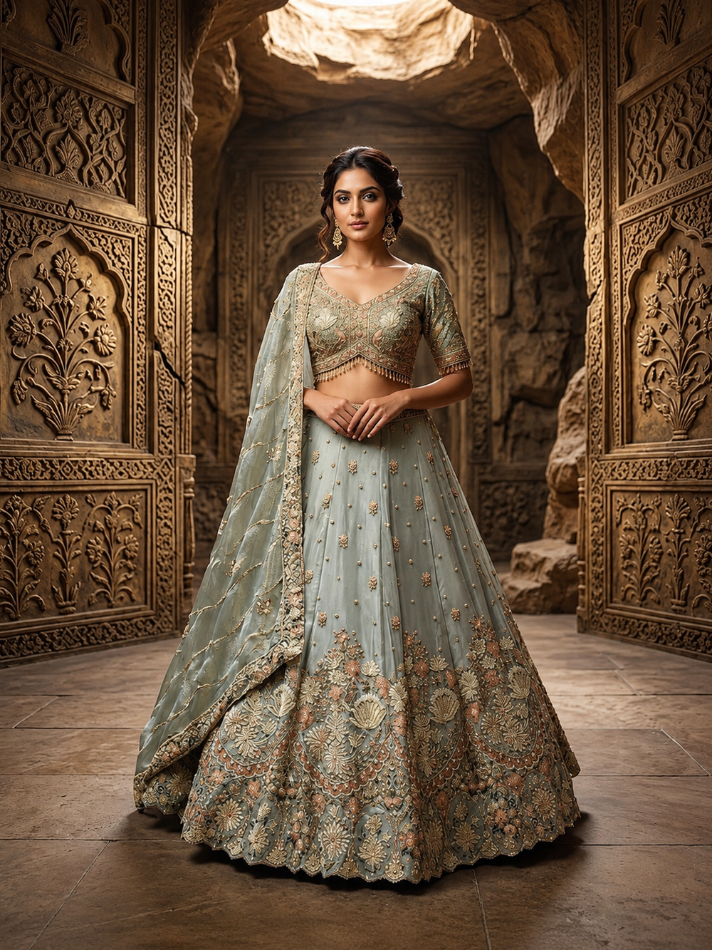 Full-length front view of a model styling a voluminous sky blue tissue silk lehenga with heavy vertical floral kalis under a grand crystal chandelier.