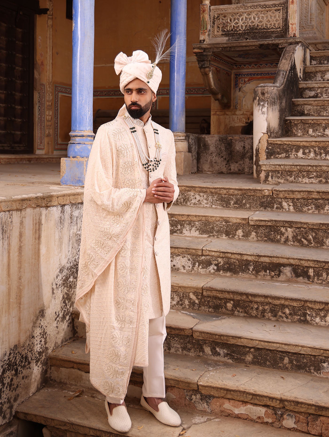 ALMOND BEIGE SHADOW WORK EMBELLISHED SHERWANI SET