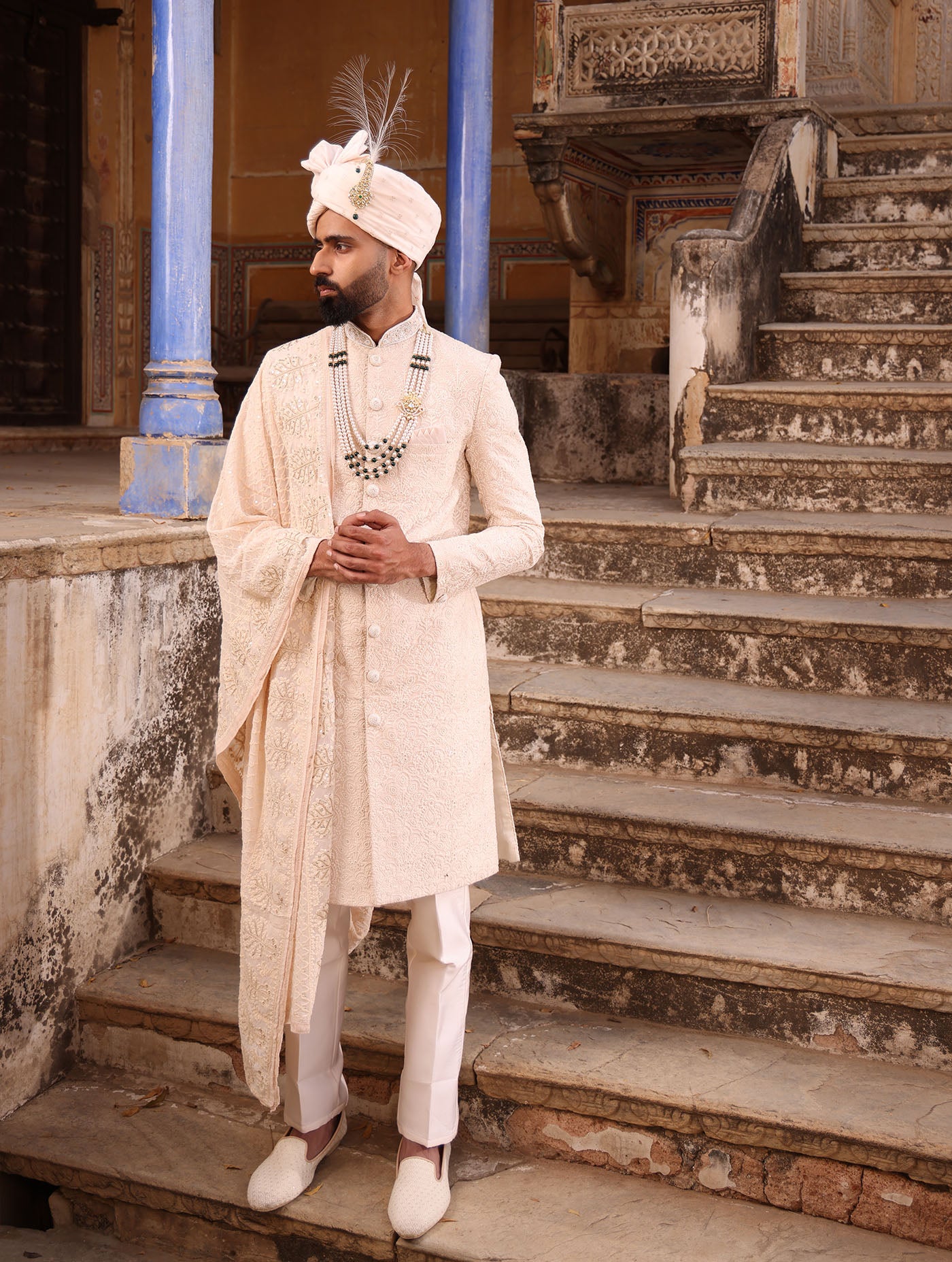 ALMOND BEIGE SHADOW WORK EMBELLISHED SHERWANI SET