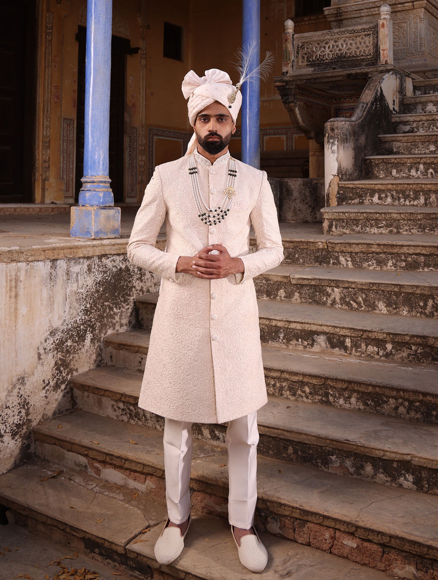 ALMOND BEIGE SHADOW WORK EMBELLISHED SHERWANI SET