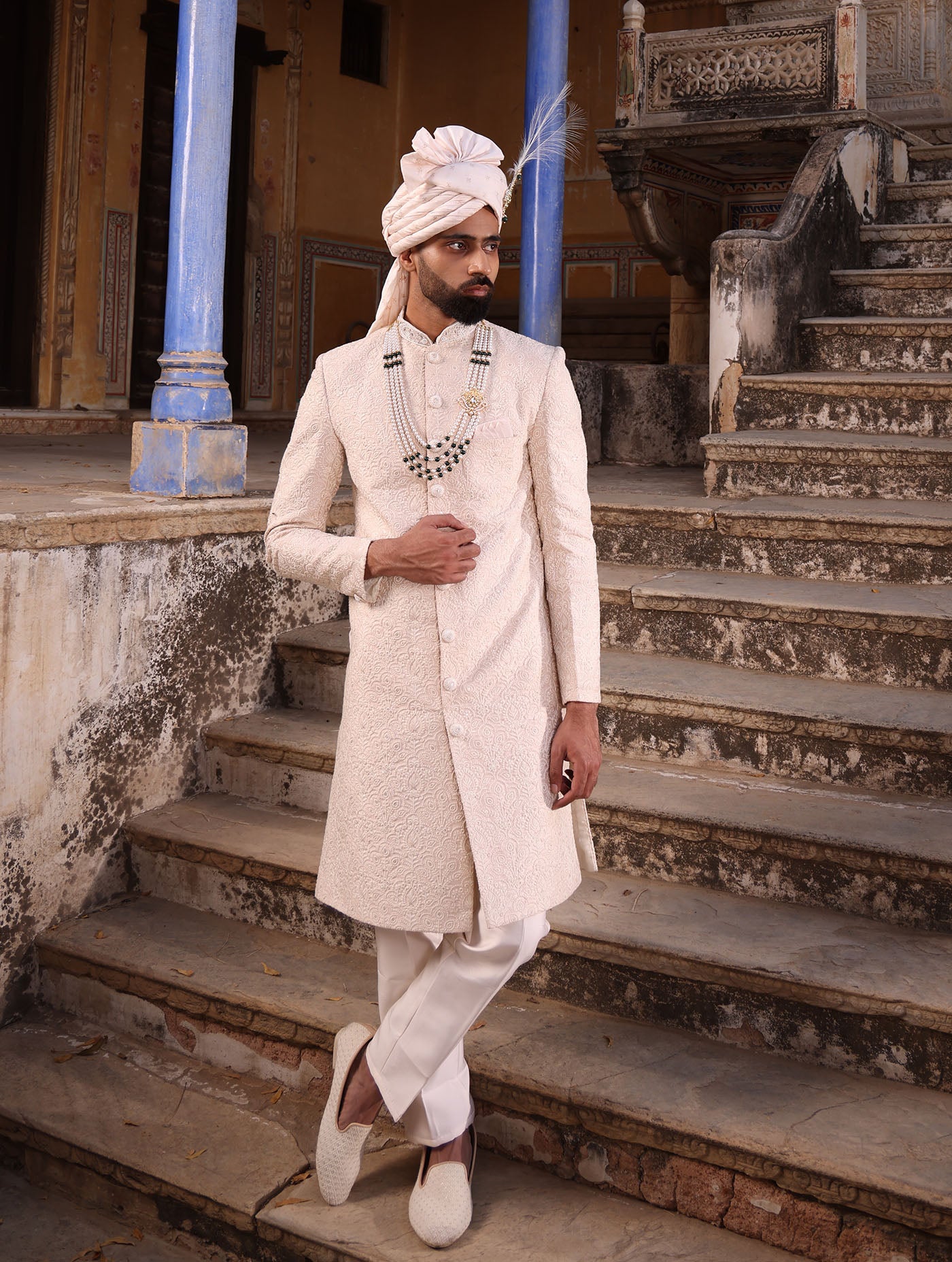 ALMOND BEIGE SHADOW WORK EMBELLISHED SHERWANI SET