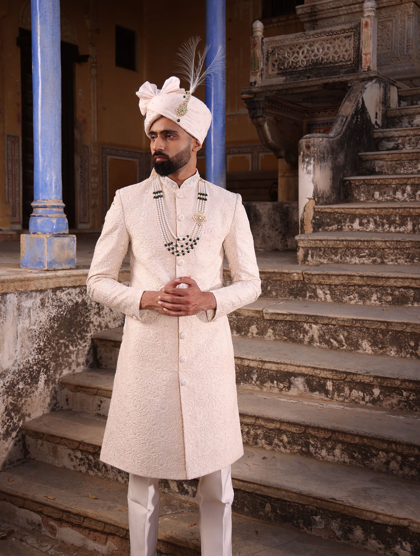 ALMOND BEIGE SHADOW WORK EMBELLISHED SHERWANI SET