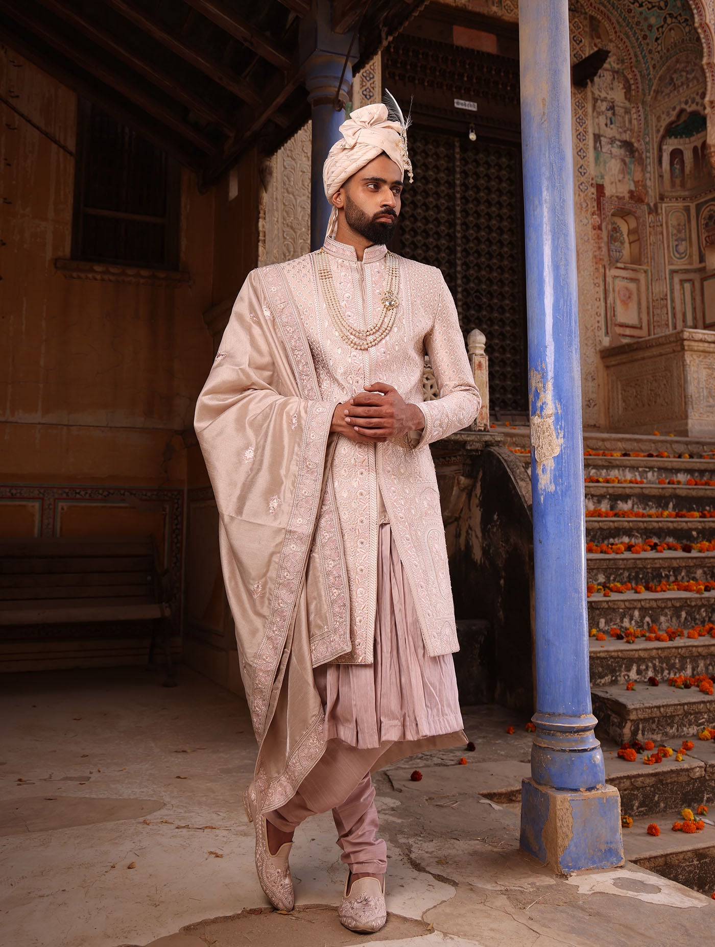ROSE GOLD SILK EMBELLISHED SHERWANI SET