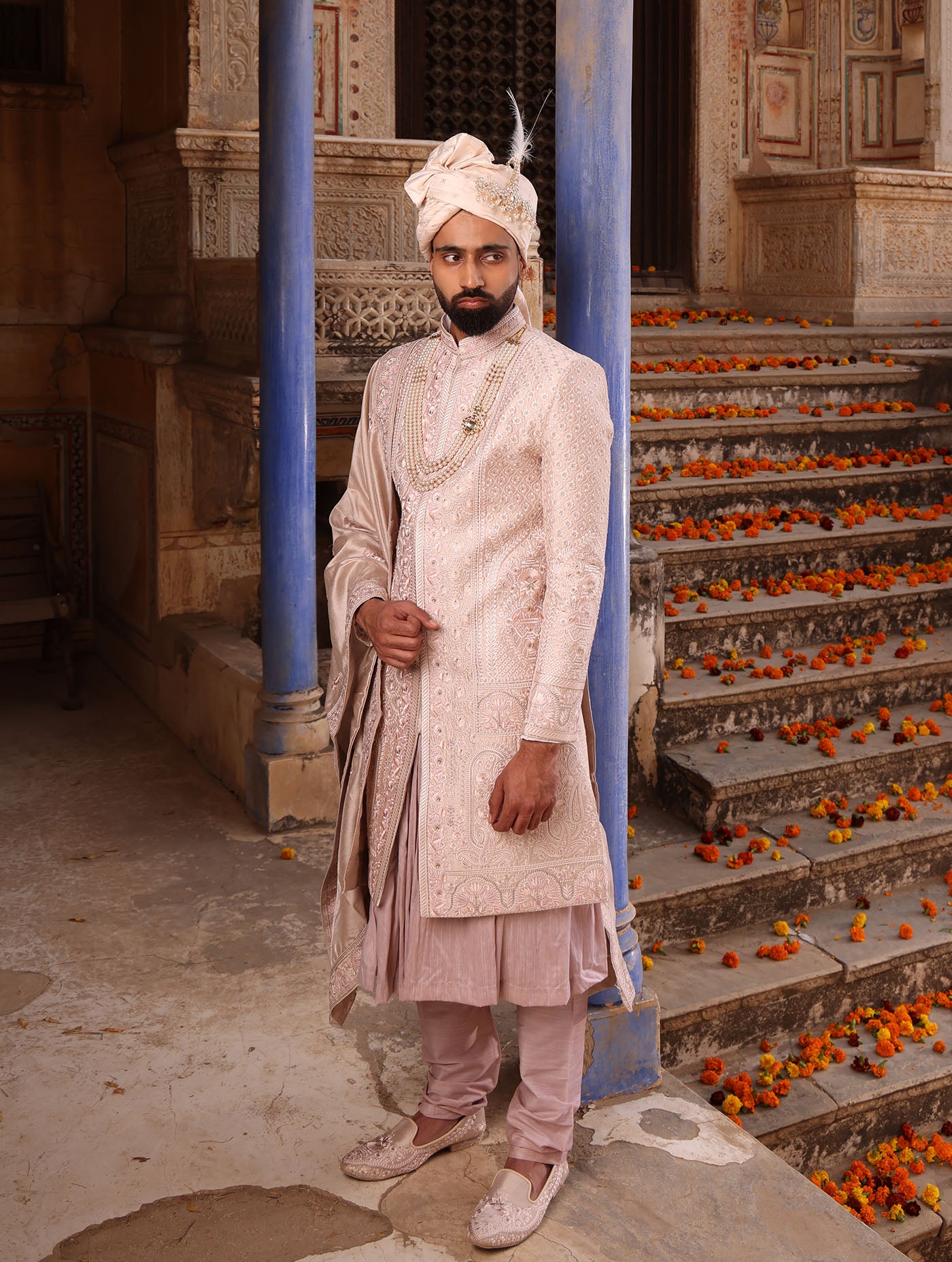 ROSE GOLD SILK EMBELLISHED SHERWANI SET