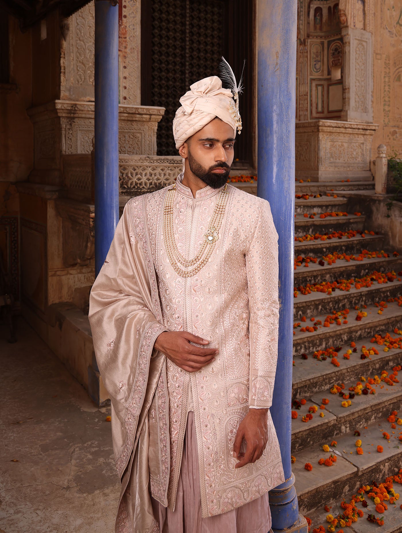 ROSE GOLD SILK EMBELLISHED SHERWANI SET