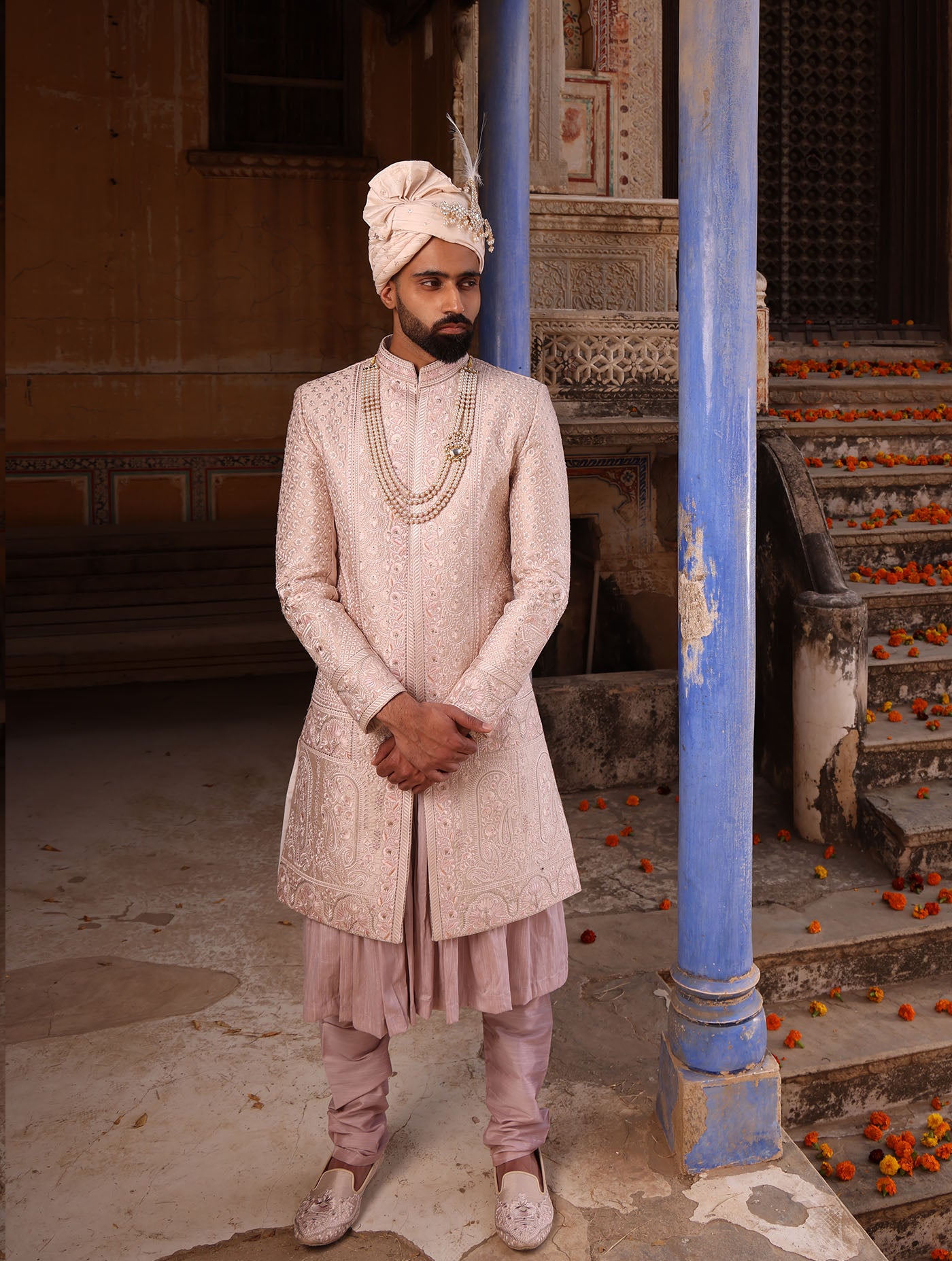 ROSE GOLD SILK EMBELLISHED SHERWANI SET