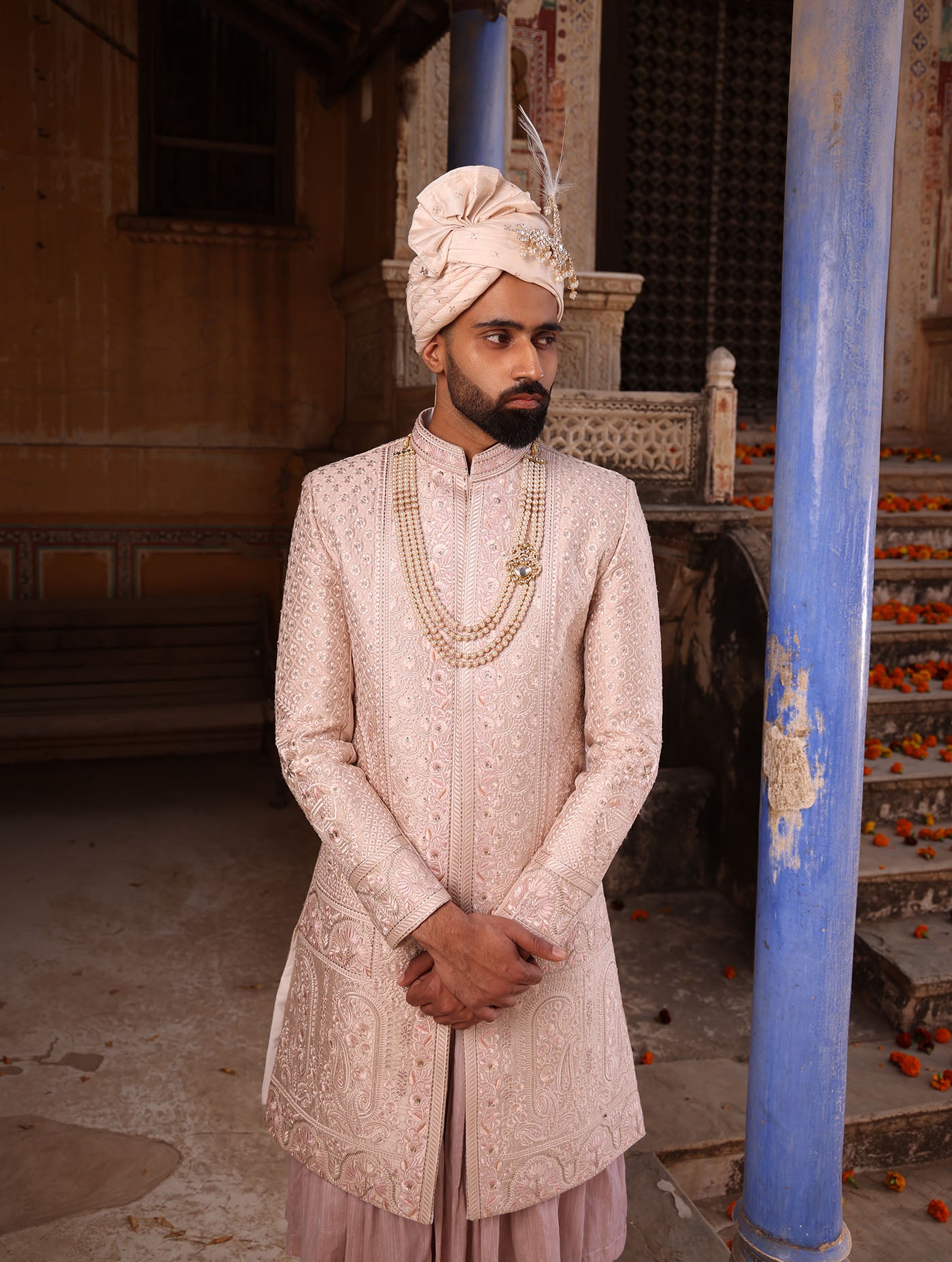 ROSE GOLD SILK EMBELLISHED SHERWANI SET