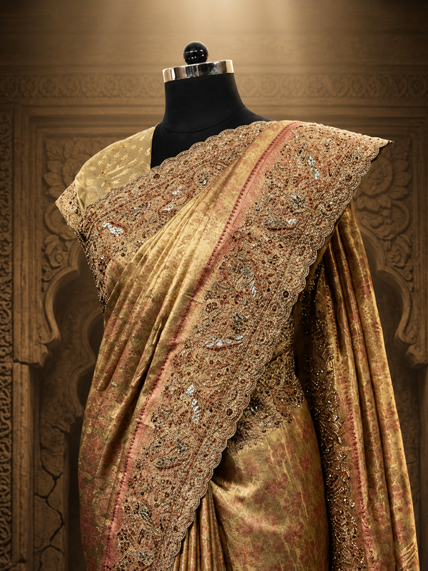 Full-length front view of the rust golden tissue silk saree displayed on a mannequin against an ancient carved temple alcove background, showcasing its fluid drape and heavily embellished borders.