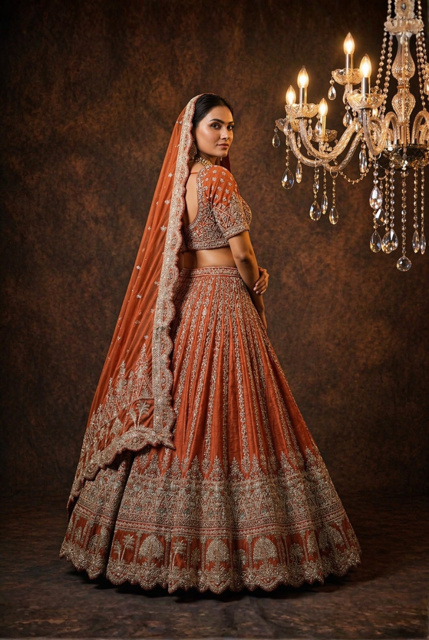 Rust silk bridal lehenga with heavy zardozi embroidery and dupatta
